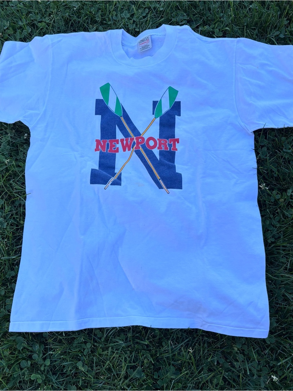 Vintage Newport White Graphic Tee with Navy 'N' and Green Oars Single Stitch